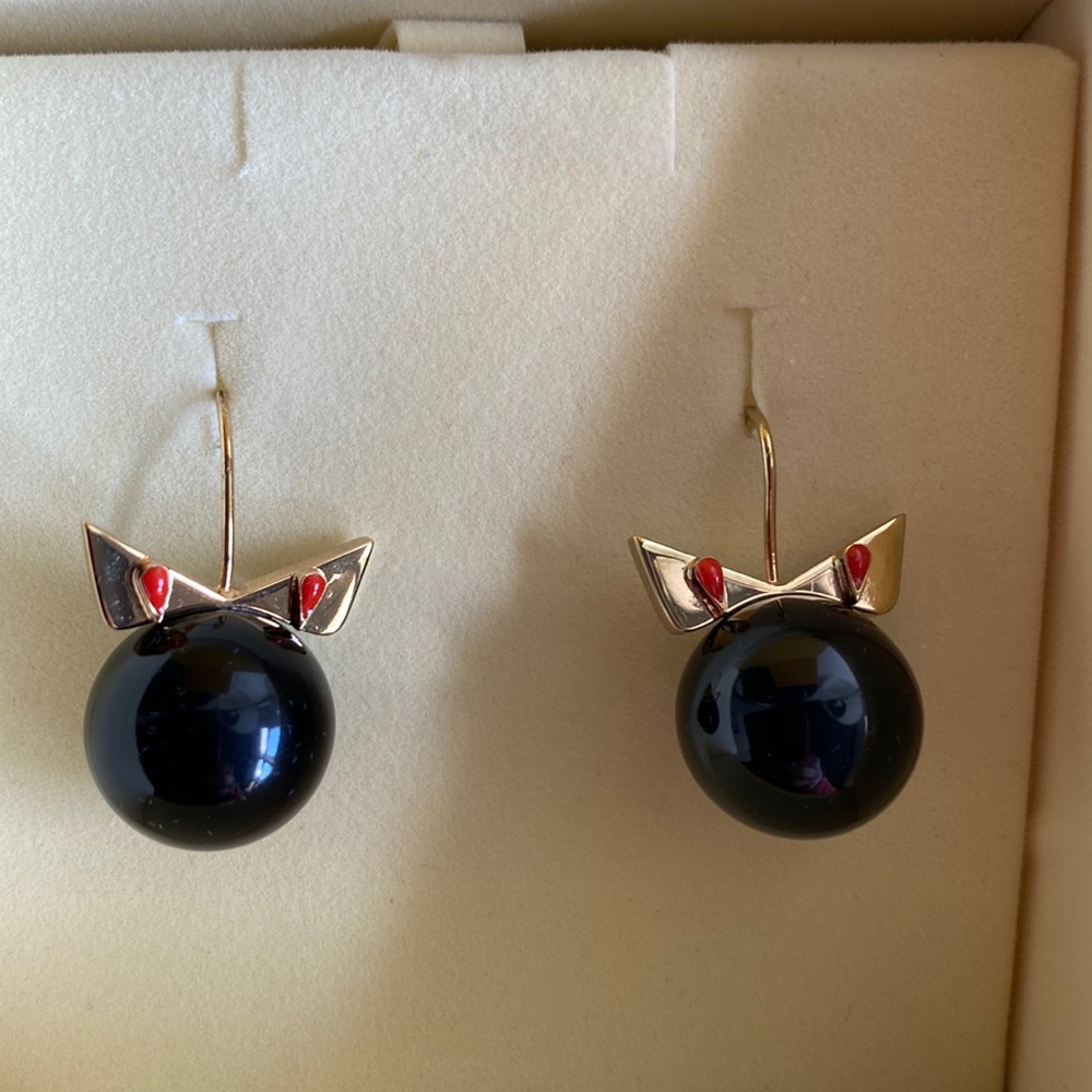 Fendi Black and Gold Cat-Eye Drop Earrings with Red Accents